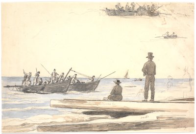 Deux bateaux de pêche naviguant vers la plage de Skagen - Martinus Rørbye