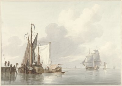 Vue de rivière avec des bateaux amarrés - Martinus Schouman