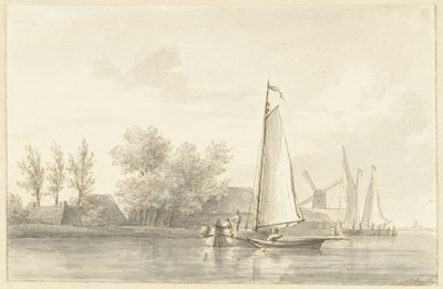 Paysage fluvial avec voilier et canot - Martinus Schouman