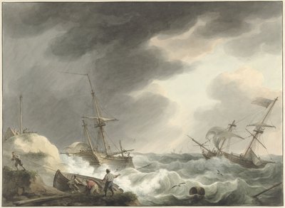 Naufrage de deux navires, dont un sous pavillon américain, sur une côte de dunes - Martinus Schouman