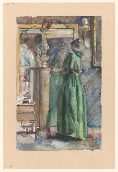 Dame en robe verte debout devant un miroir - Martinus van Andringa