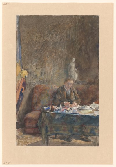 Intérieur avec homme écrivant sur un canapé derrière une table - Martinus van Andringa