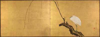 Héron sur une branche de saule, paravent à deux panneaux, fin des années 1700 - Maruyama Okyo