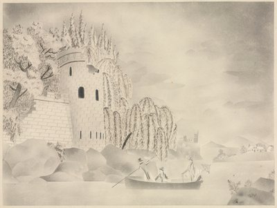 La tour solitaire (château sur une rivière avec des saules et un bateau) - Mary Altha Nims