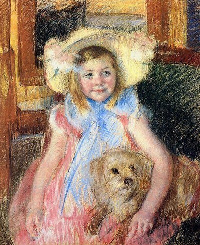 Sara avec un grand chapeau fleuri, regardant à droite, tenant son chien, c.1901 - Mary Cassatt