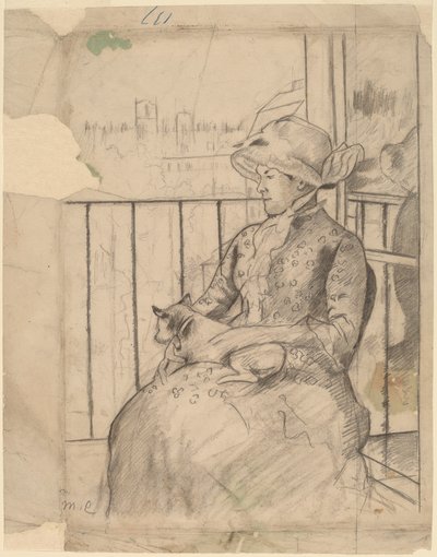 Susan sur un balcon tenant un chien [recto] - Mary Cassatt