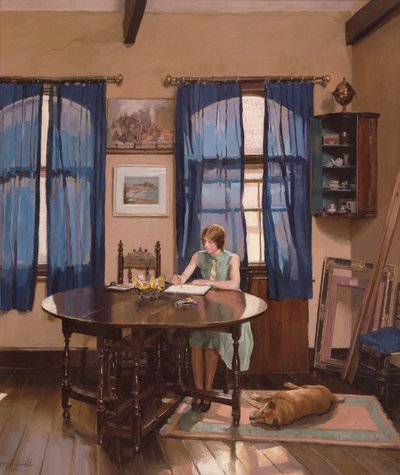 Intérieur avec une femme artiste peignant à une table à pieds tournants - Mary Dawson Elwell