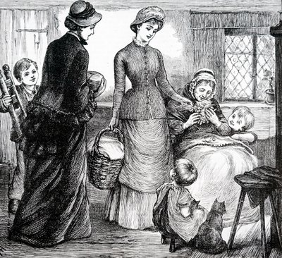 Une femme offrant des cadeaux à un pauvre paysan. Par Mary Ellen Edwards (1838-1934) une artiste anglaise - Mary Ellen Edwards