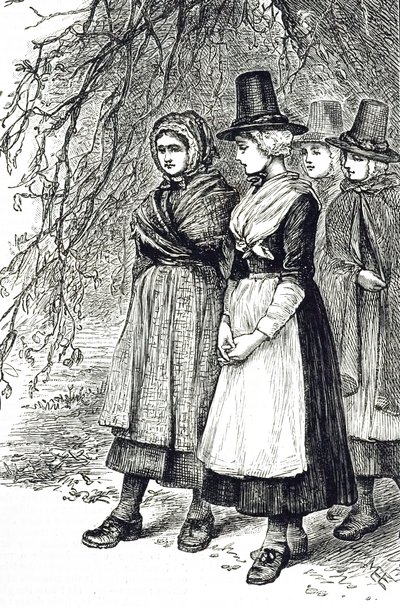 Gravure représentant des filles galloises à une foire de Hollantide, une foire de recrutement, attendant d