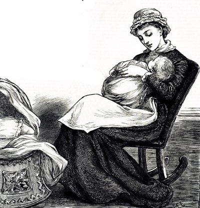 Gravure représentant une mère berçant son bébé. Illustré par Mary Ellen Edwards (1838-1934) une artiste anglaise et illustratrice prolifique de livres pour enfants - Mary Ellen Edwards