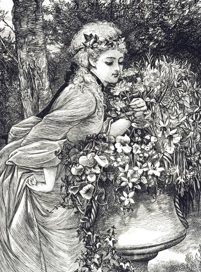 Gravure représentant une jeune fille sentant des fleurs dans une urne de jardin. Illustrée par Mary Ellen Edwards - Mary Ellen Edwards