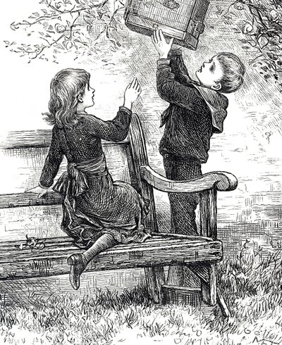 Gravure représentant des enfants avec leur moineau en cage - Mary Ellen Edwards
