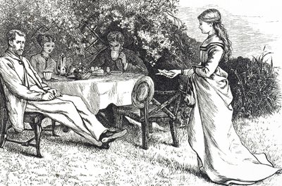 Illustration représentant une famille prenant le petit déjeuner dans le jardin - Mary Ellen Edwards