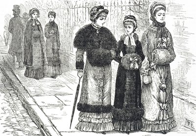 Illustration représentant des jeunes femmes avec des manchons, pour garder leurs mains au chaud par temps froid - Mary Ellen Edwards