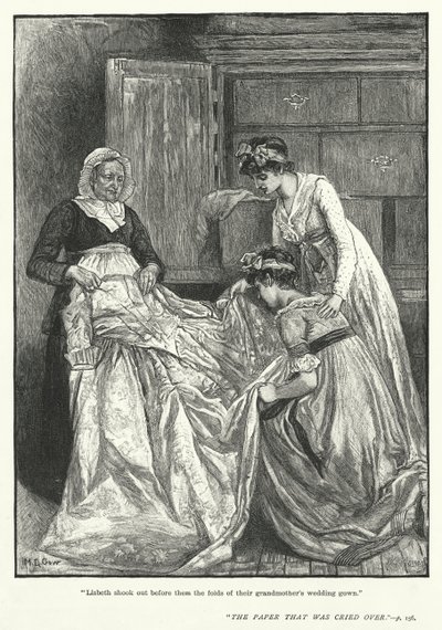 "Lisbeth secoua devant eux les plis de la robe de mariée de leur grand-mère" (gravure) - Mary L. Gow