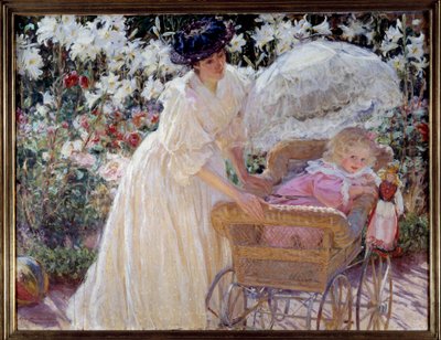 Rose et lys Une mère et sa petite fille dans une poussette dans un jardin fleuri - Mary Louise MacMonnies