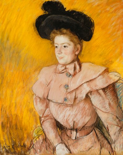 Femme au chapeau noir et costume framboise - Mary Cassatt