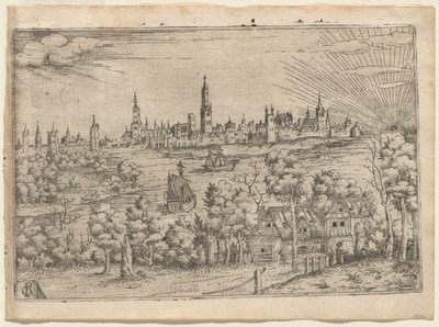 Vue sur une rivière vers une ville fortifiée au coucher du soleil - Master CR
