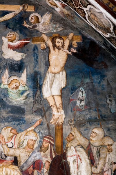 Le voleur impénitent, crucifié avec Jésus, son âme est arrachée de sa bouche par un démon - Master Trecentesco of Sacro Speco School