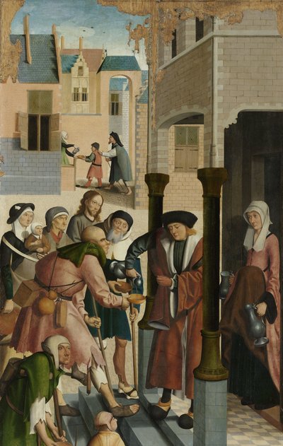 Les sept œuvres de miséricorde (paneel van een veelluik met de zeven werken van barmhartigheid: het laven van de dorstigen) - Master of Alkmaar