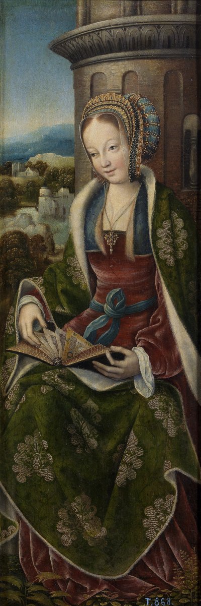 Triptyque de la Sainte Famille avec des anges musiciens. Panneau droit : Sainte Barbe, vers 1510-1520 - Master of Frankfurt