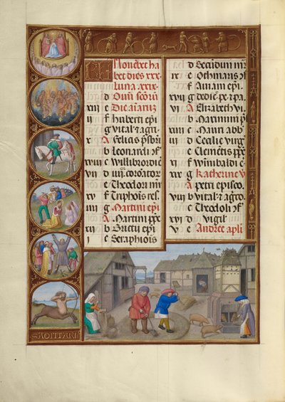 Page du calendrier de novembre ; Battage et alimentation des porcs ; Sagittaire - Master of James IV of Scotland