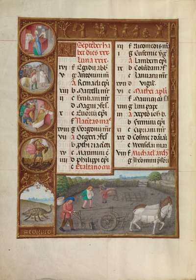 Page du calendrier de septembre ; Labour et semailles ; Scorpion - Master of James IV of Scotland
