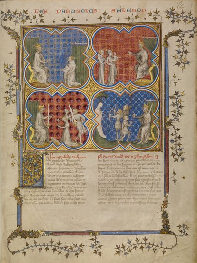 Salomon enseigne à Roboam ; le jugement de Salomon ; Salomon teste la légitimité de trois frères - Master of Jean de Mandeville