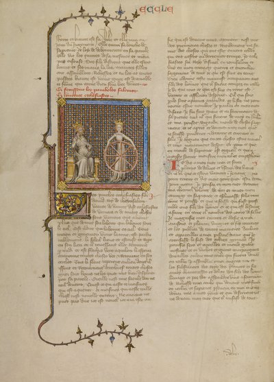 Salomon avec une figure féminine couronnée tenant une roue illustrant le cycle des saisons - Master of Jean de Mandeville