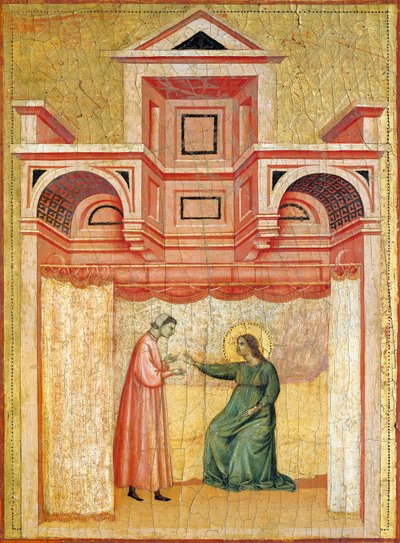 Cécile persuadant son mari Valérien de se faire baptiser, détail du retable représentant la Légende de sainte Cécile, vers 1304, par Maître de Sainte Cécile - Master of Saint Cecilia