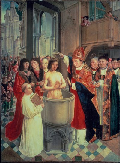 Le baptême de Clovis I, à Reims par Saint Remi le 25/12/496 (ou 499), c. 1490-1510 - Master of Saint Giles