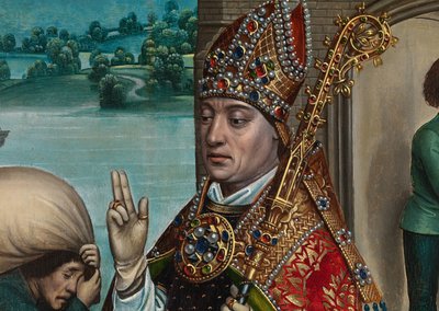 (détail) du Miracle du Grain, du Retable de Saint Nicolas, c.1486-93 - Master of The Legend of St. Lucy