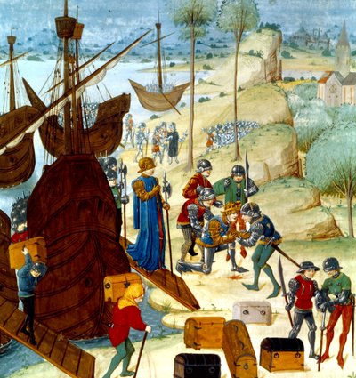 Le roi Édouard III arrivant à Saint Vaast La Hogue le 12 juillet 1346, illustration des Chroniques d