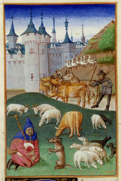 Animaux de ferme et joueurs de cornemuse. Miniature tirée de "Le Rustican ou Livre des profits champêtres et ruraux" par Pietro de Crescenzi (1233-1320) enluminée par le Maître du Boccace de Genève appelé Colin d
