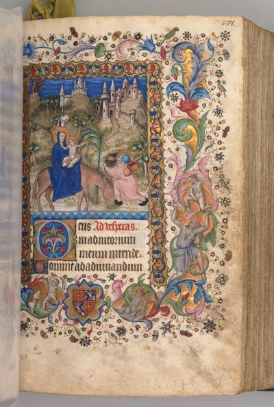 Heures de Charles le Noble, roi de Navarre 1361-1425 : fol. 88r, Fuite en Égypte Vêpres, vers 1 - Master of the Brussels Initials and Associates