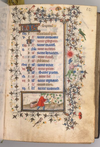 Heures de Charles le Noble, roi de Navarre 1361-1425 : fol. 9r, septembre, vers 1405 - Master of the Brussels Initials and Associates