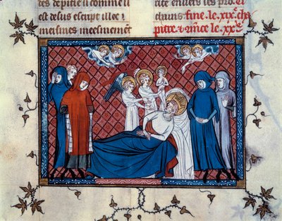 Mort de Saint Louis à Tunis le 25 août 1270. Miniature du manuscrit « Vie et miracles de Saint Louis » enluminée par Mahiet et écrite par Guillaume de Saint-Pathus - Master of the Cambrai Missal Mahiet