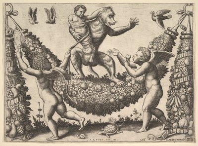 Un singe tenant un putto lié debout sur une guirlande devant laquelle se trouvent deux ailes..., 1530-60 - Master of the Die