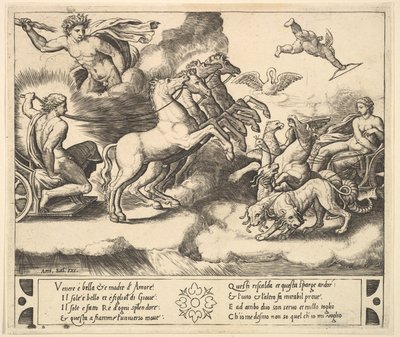 Apollon dans son char tiré par des chevaux à gauche, au-dessus de lui Jupiter lance un tonnerre..., 1530-60 - Master of the Die