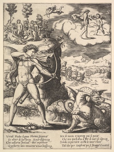 Apollon debout à gauche tirant une flèche sur un python, en haut à gauche la muse... - Master of the Die