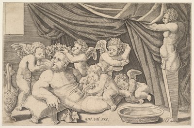 Bacchus entouré de putti, une statue de Priape à droite - Master of the Die