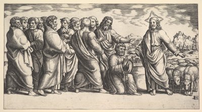 Christ indiquant à un troupeau de moutons, devant lui Saint Pierre à genoux - Master of the Die