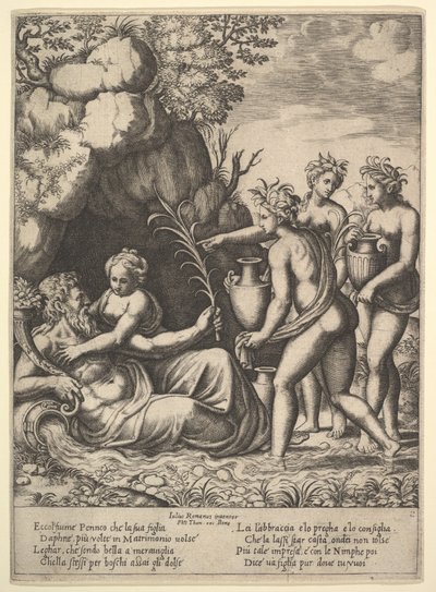 Daphné embrassant son père, le dieu-fleuve Pénée, à gauche trois nymphes apportent des jarres - Master of the Die
