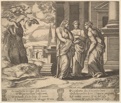 Planche 15 : Psyché racontant ses malheurs à ses sœurs, de La Fable de Psyché, 1530-60 - Master of the Die
