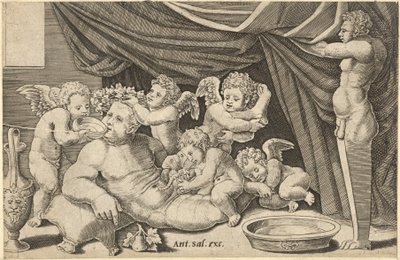 Speculum Romanae Magnificentiae : Bacchus entouré de putti avec Priape tenant..., XVIe siècle - Master of the Die