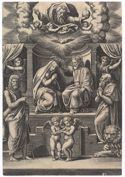 Le Couronnement de la Vierge, en bas à gauche se tient Saint Jean-Baptiste, en bas à droite..., 1530-60 - Master of the Die
