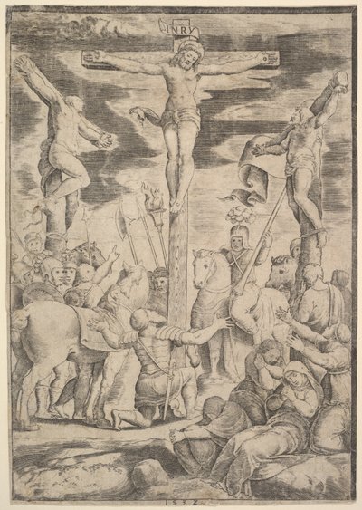 La conversion du centurion qui ouvre les bras devant le Christ sur la croix, 1532 - Master of the Die