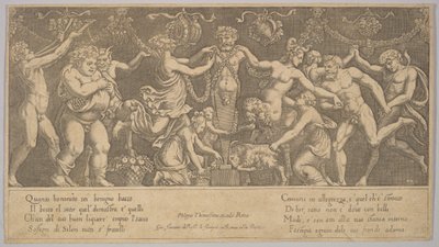 Le sacrifice à Priape sous forme de statue au centre, Bacchus et un sa..., 1530-60 - Master of the Die