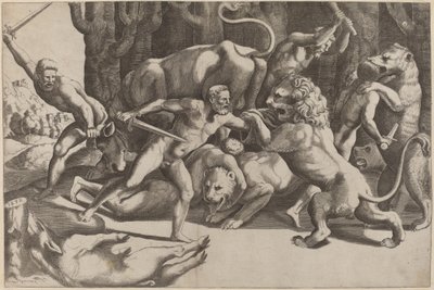 Cinq hommes combattant des bêtes - Master of the Die after Giulio Romano
