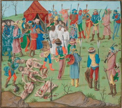 Suite de la bataille de Nicopol Le massacre des chrétiens pour se venger du massacre de Rahova. Jean Froissart, Chroniques, Flandres, Bruges - Master of the Dresden Prayer Book
